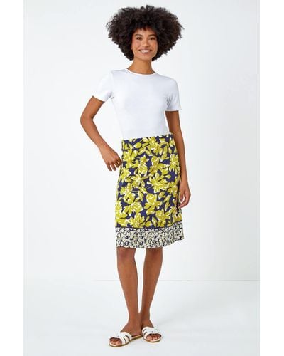 Roman Floral Cotton Blend Stretch Skirt - Yellow