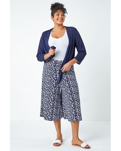 Roman Curve Tie Front Stretch Cropped Cardigan - Blue