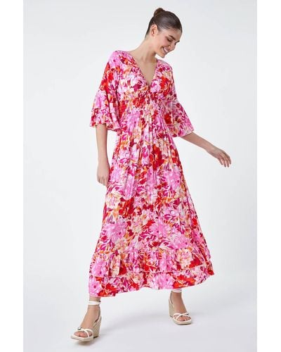 Roman Floral Ruffle Detail Shirred Maxi Dress
