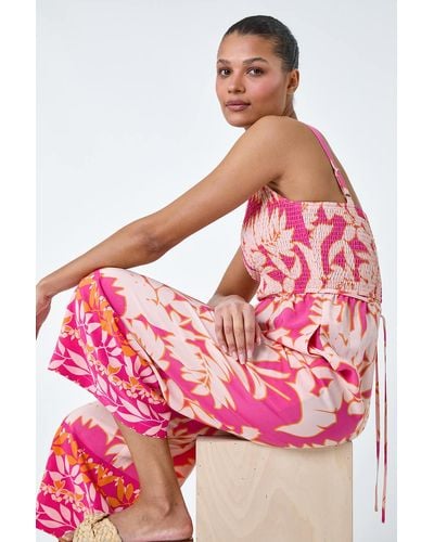 Roman Floral Border Print Crop Stretch Jumpsuit - Pink