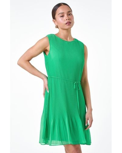 Roman Originals Petite Plain Tie Detail Pleated Dress - Green