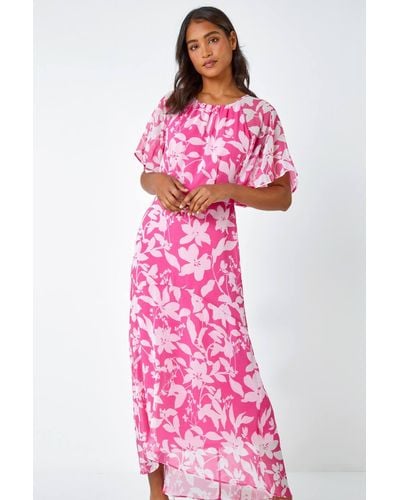 Roman Floral Frill Detail Chiffon Midi Dress - Pink