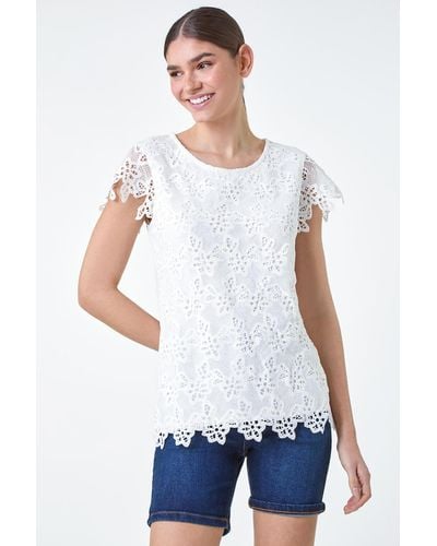 Roman Floral Lace Sleeveless Top - White