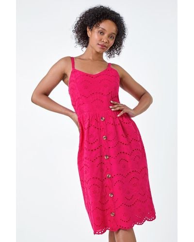 Roman Originals Petite Cotton Broderie Button Dress - Pink