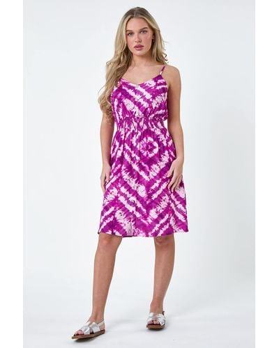 Roman Originals Petite Tie Dye Print Shirred Dress - Pink