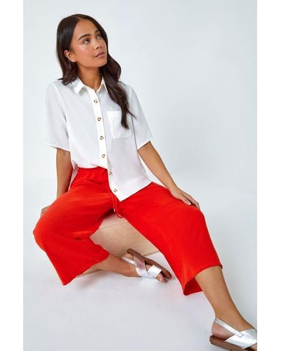 Roman Petite Linen Mix Wide Cropped Trousers - Red