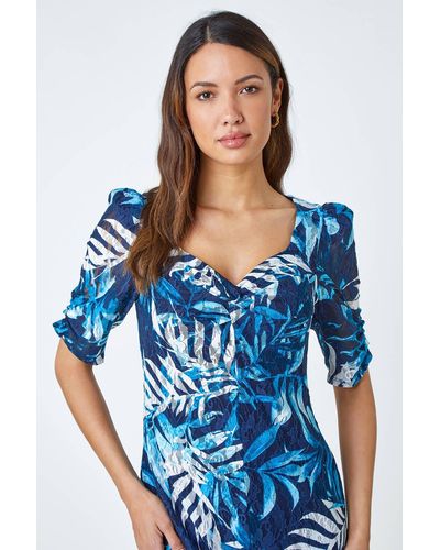 Roman Leaf Print Puff Sleeve Midi Dress - Blue
