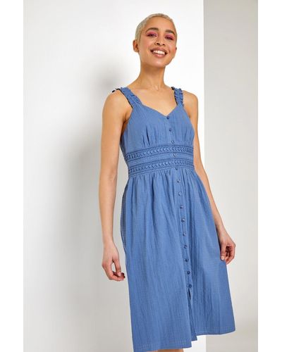 Roman Dusk Fashion Shirred Lace Detail Sundress - Blue