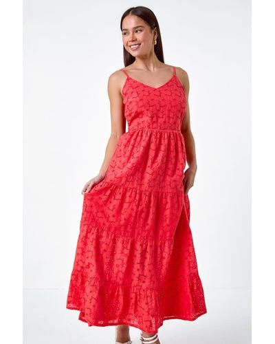 Roman Originals Petite Tie Detail Broderie Dress - Red