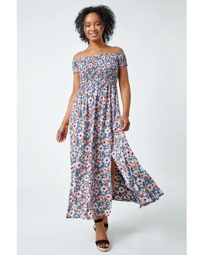 Roman Originals Petite Floral Shirred Bardot Maxi Dress - White