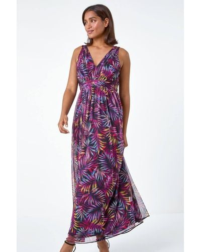 Roman Palm Print Mesh Overlay Maxi Dress - Purple