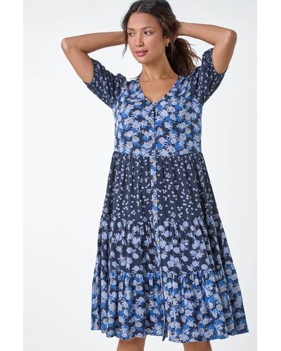 Roman Floral Cotton Blend Tiered Smock Dress - Blue