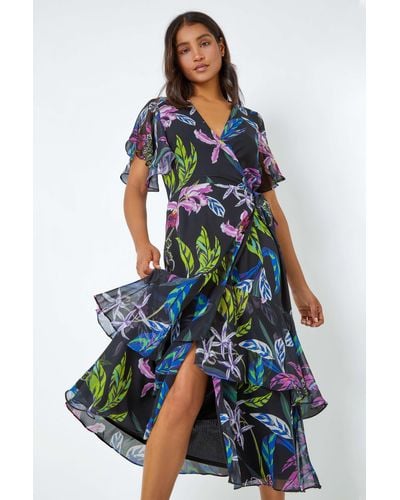 Roman Tropical Print Tiered Midi Wrap Dress - Black