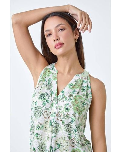 Roman Floral Burnout Print Vest Top - Green