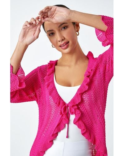Roman Pointelle Knit Frill Trim Cardigan - Pink