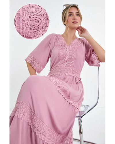 Roman Dusk Fashion Tiered Lace Detail Maxi Dress - Pink