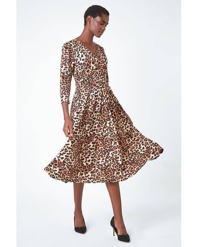 Roman Leopard Print Mock Wrap Midi Stretch Dress - Brown