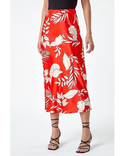 Roman Dusk Fashion Floral Print Satin Midi Skirt - Red