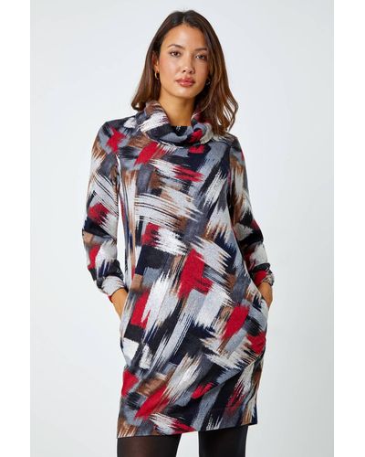 Roman Cowl Neck Abstract Print Stretch Dress - Red