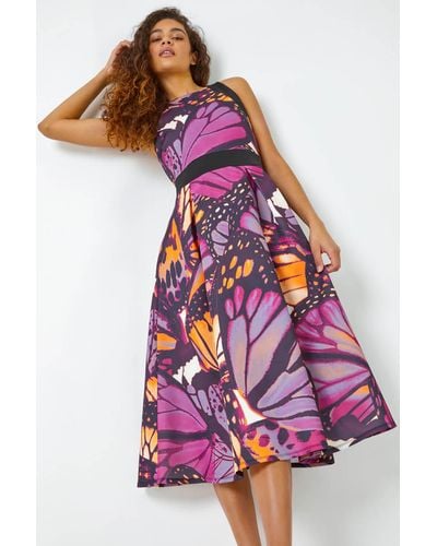 Roman Premium Stretch Butterfly Halterneck Dress - Purple