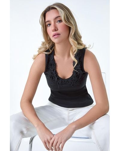 Roman Dusk Fashion Floral Lace Trim Stretch Vest Top - Black