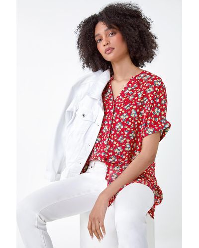 Roman Ditsy Floral Button Through Top - Red