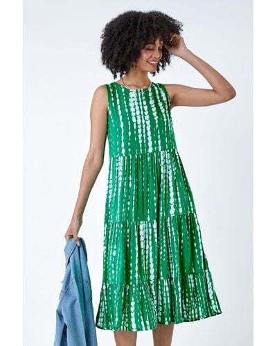 Roman Tie Dye Print Sleeveless Smock Dress - Green