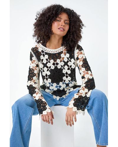 Roman Dusk Fashion Floral Crochet Knit Jumper - White
