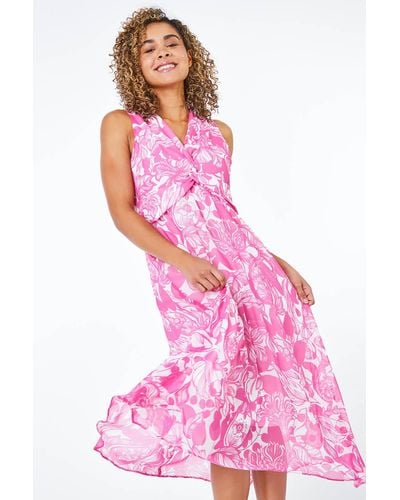 Roman Originals Petite Contrast Floral Print Hanky Hem Dress - Pink
