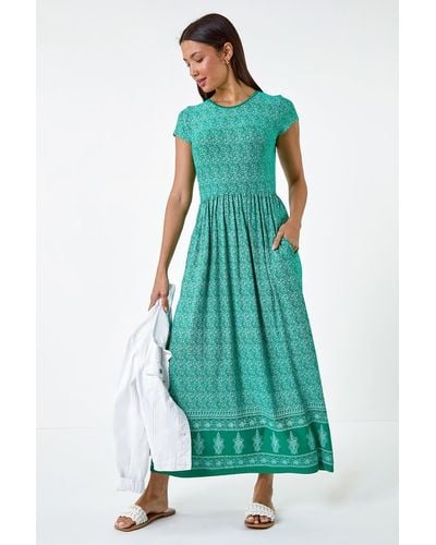 Roman Paisley Relaxed Stretch Maxi Dress - Green