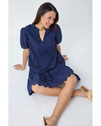 Roman Embroidered Tiered Cotton Smock Dress - Blue