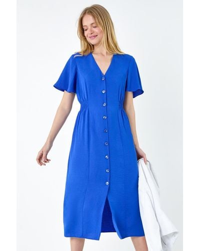 Roman Button Through Shirred Midi Dress - Blue