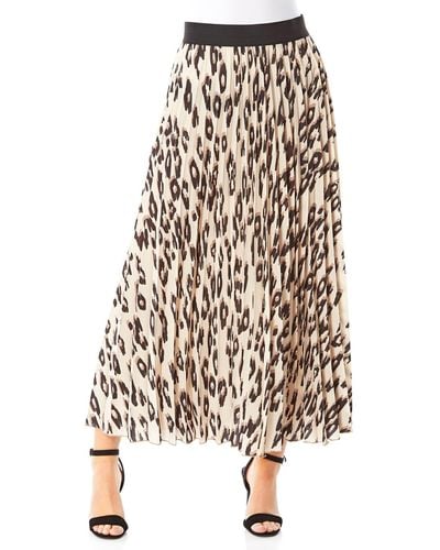 Roman Women's Animal Print Stretch Fit High Waisted Pleated Maxi Skirt - Brown