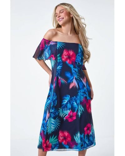 Roman Originals Petite Tropical Floral Bardot Chiffon Dress - Blue