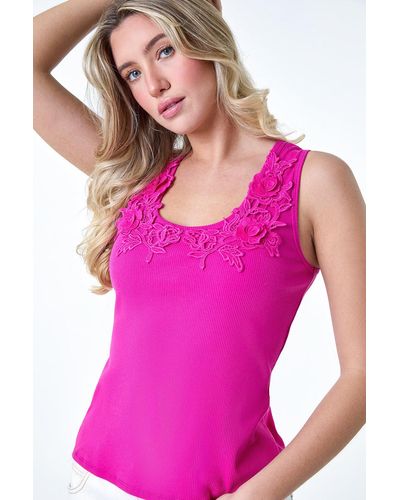 Roman Dusk Fashion Floral Lace Trim Stretch Vest Top - Pink