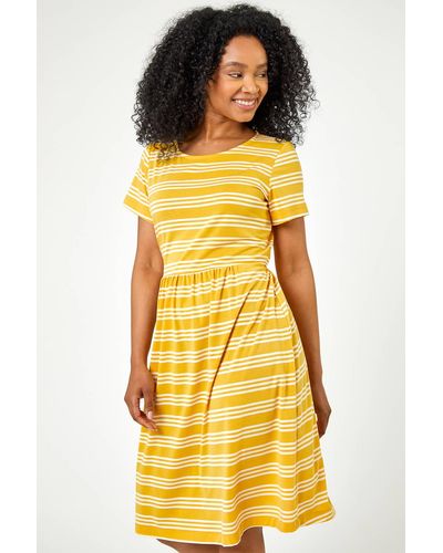 Roman Petite Stripe Print Skater Dress - Yellow