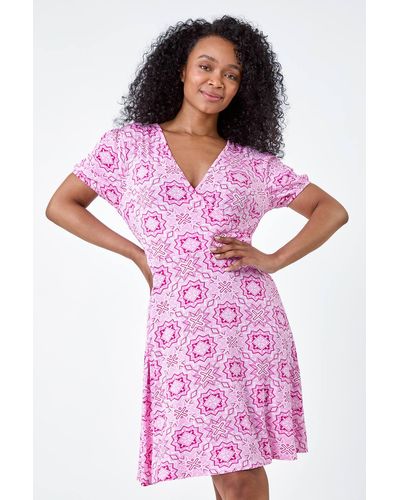 Roman Petite Geo Print Stretch Wrap Dress - Pink