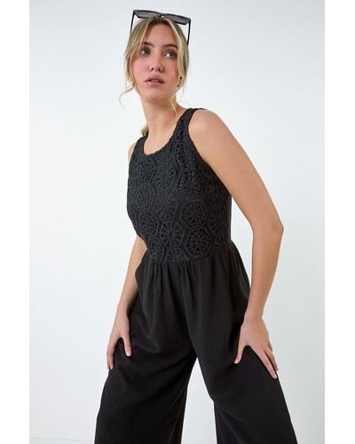 Roman Dusk Fashion Crochet Lace Wide Leg Jumpsuit - Black