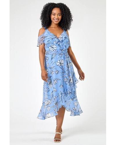 Roman Petite Floral Print Cold Shoulder Midi Dress - Blue