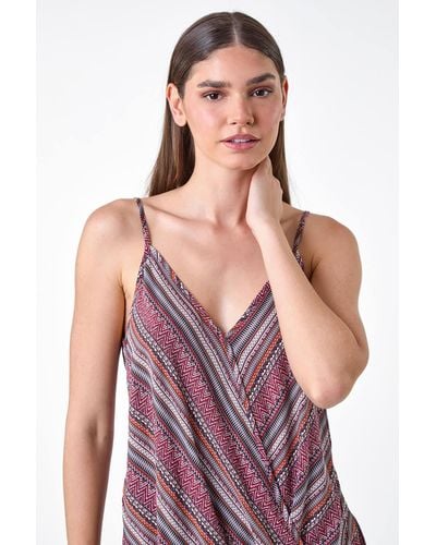 Roman Aztec Stripe Print Wrap Front Vest Top - Purple