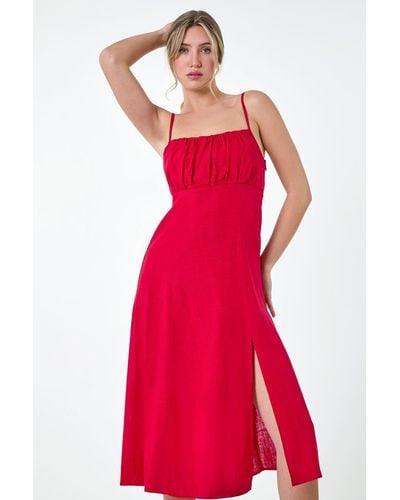 Roman Dusk Fashion Ruched Linen Blend Midi Dress - Red