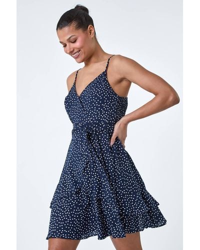 Roman Polka Dot Frill Detail Wrap Dress - Blue
