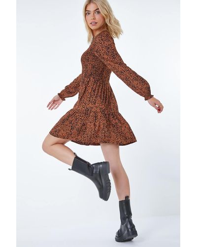 Roman Dusk Fashion Animal Print Stretch Tiered Dress - Brown