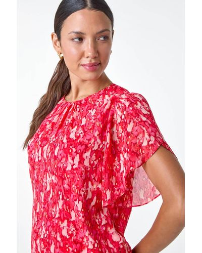 Roman Ditsy Floral Frill Sleeve Top - Red