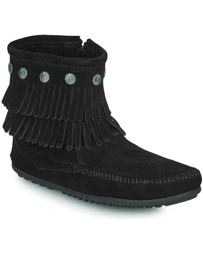 Minnetonka Double Fringe Side Zip Boot Mid Boots - Black