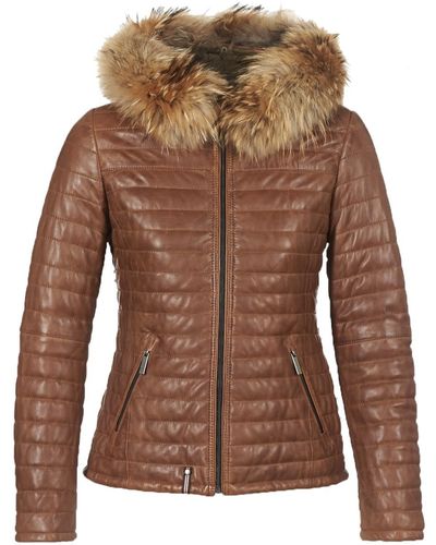 Oakwood Happy Fur Trim Hooded Leather Jacket - Brown