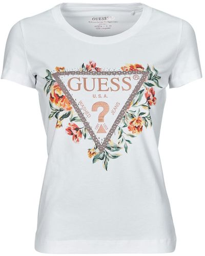 Guess T Shirt Triangle Flowers - White