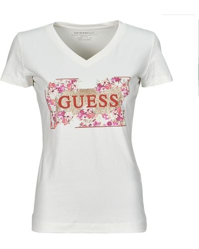 Guess T Shirt Logo Flowers - White