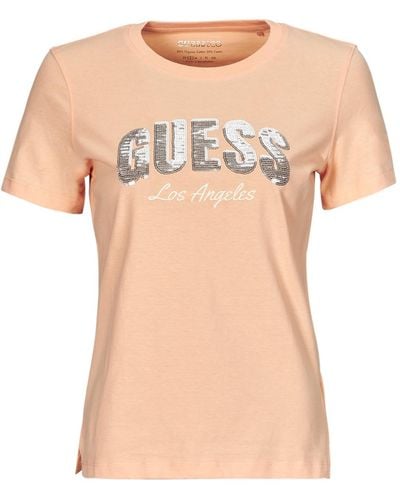 Guess T Shirt Sequins Logo Tee - Pink