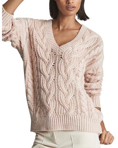 Reiss Esme Cable V-neck Wool-blend Sweater - Pink